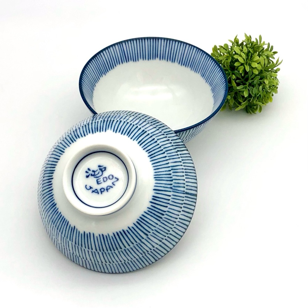 Edo Japan Bowls Blue And White Striped Porcelain Footed Matching Set Pair